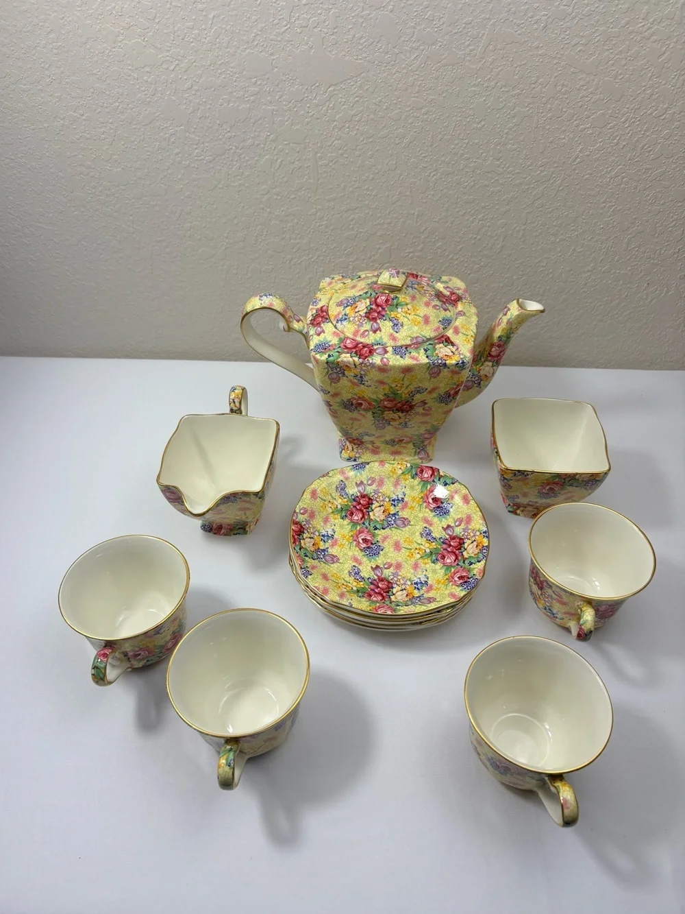 Royal Winton Wellbeck Chintz Tea Set with Pale Yellow Floral Pattern & Gold Trim